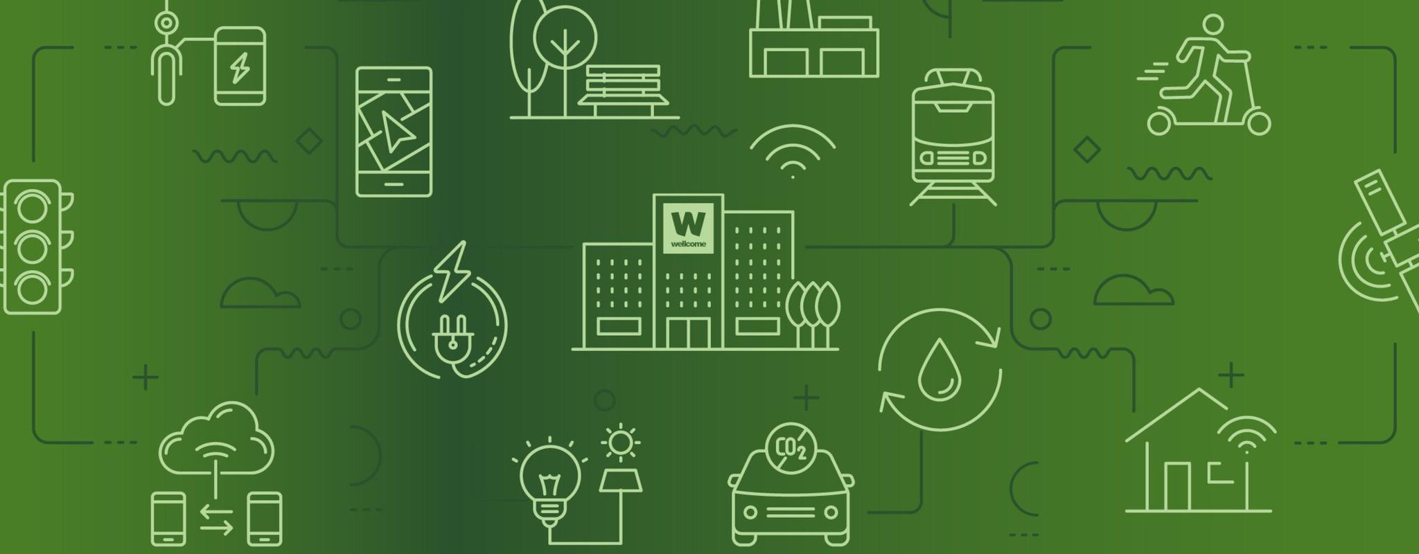 Illustration of the Wellcome building surrounded by a car, tram, lightbulb, phone, power plant, house and satellite. 