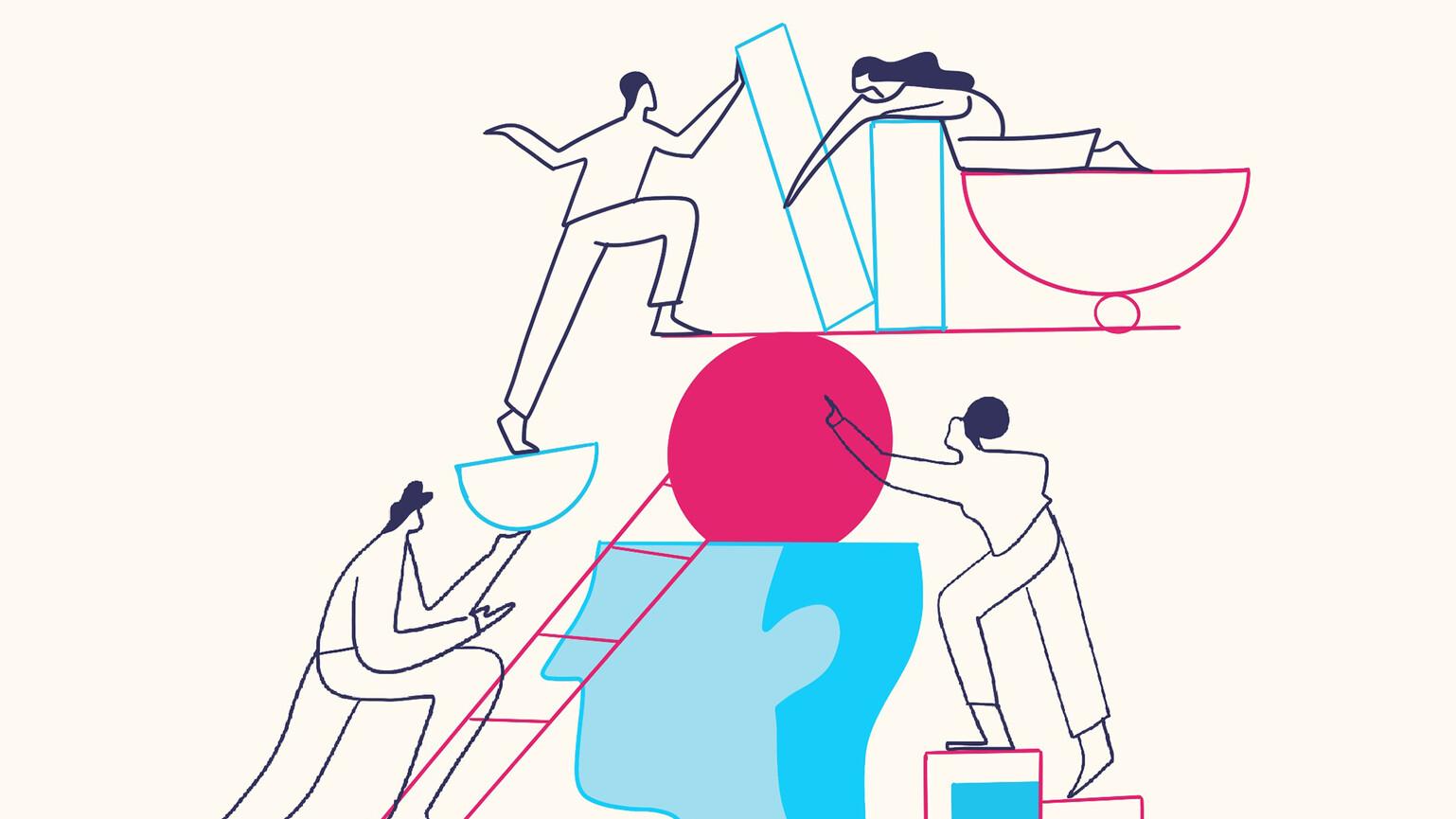 Illustration of four people looking inside a huge human head.
