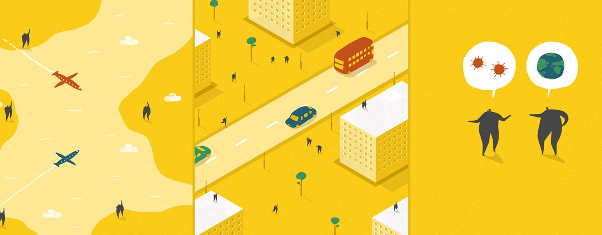 Illustration - bird's eye view of an urban street and two people talking about the global scale of contagion.