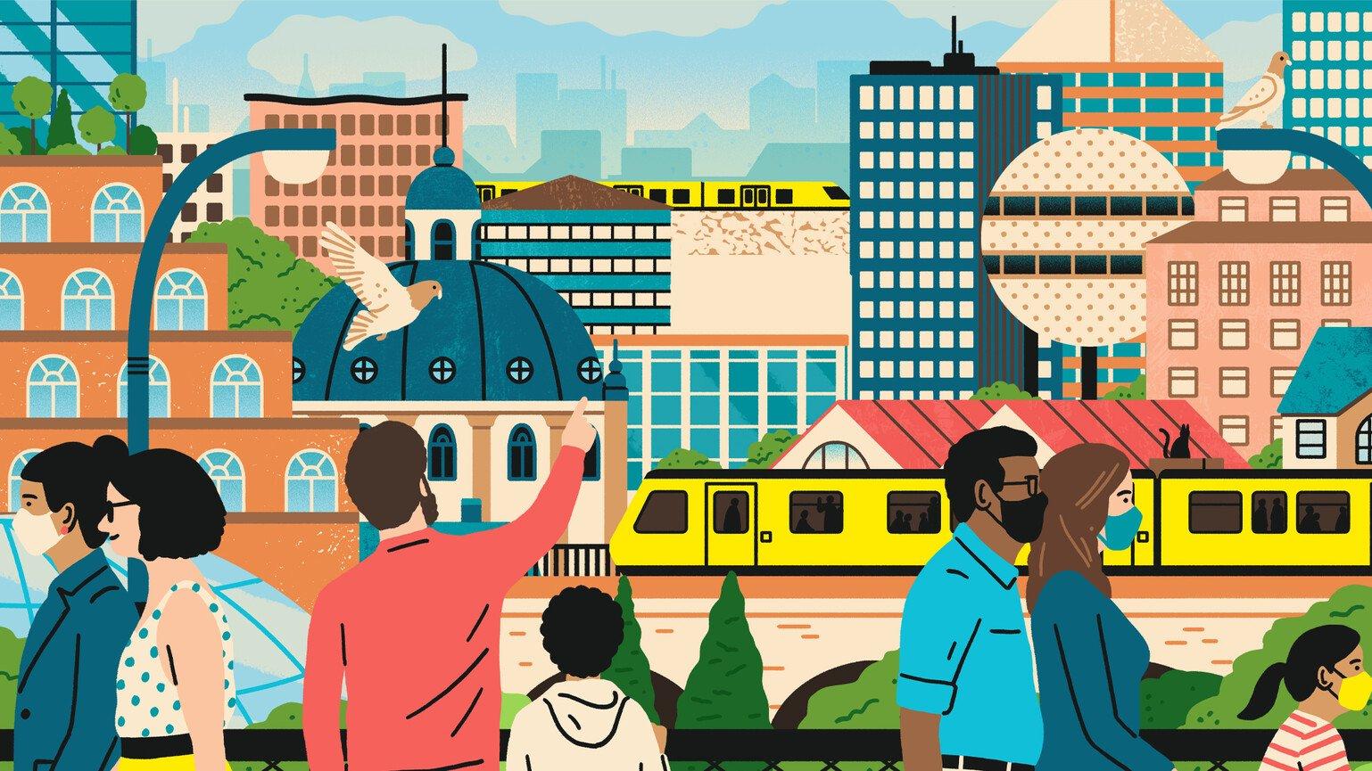 People wearing face masks in an an urban area.