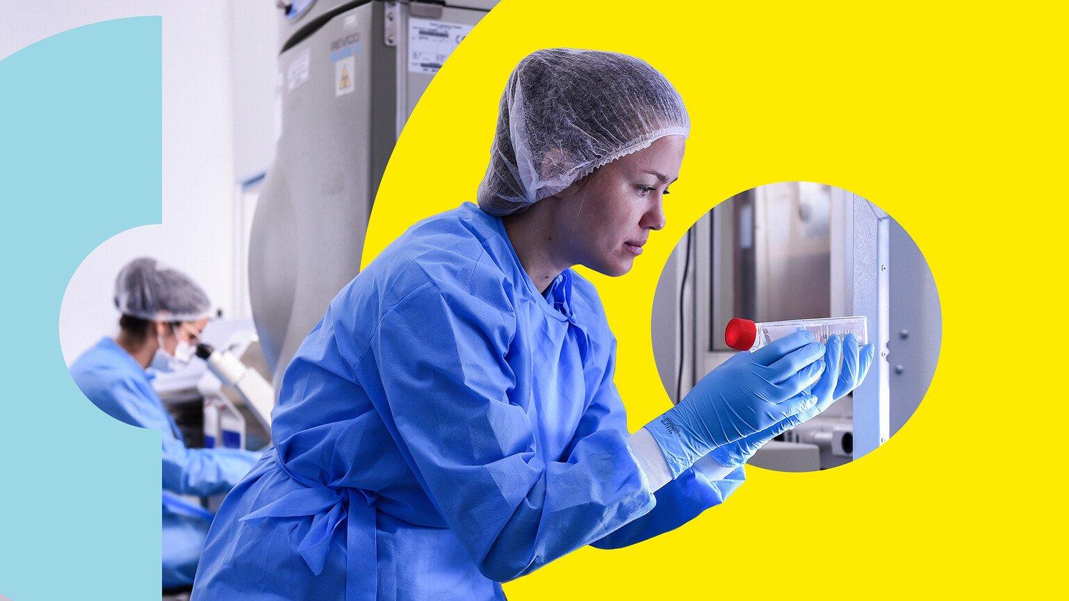 A biologist takes coronavirus DNA sample from the freezer. Composite image.