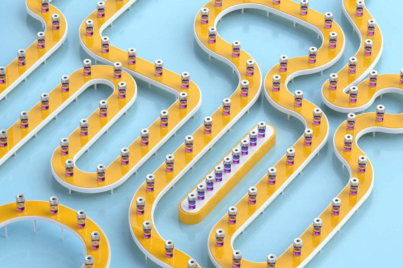 Vaccine bottles standing on a long yellow production line on a blue background.