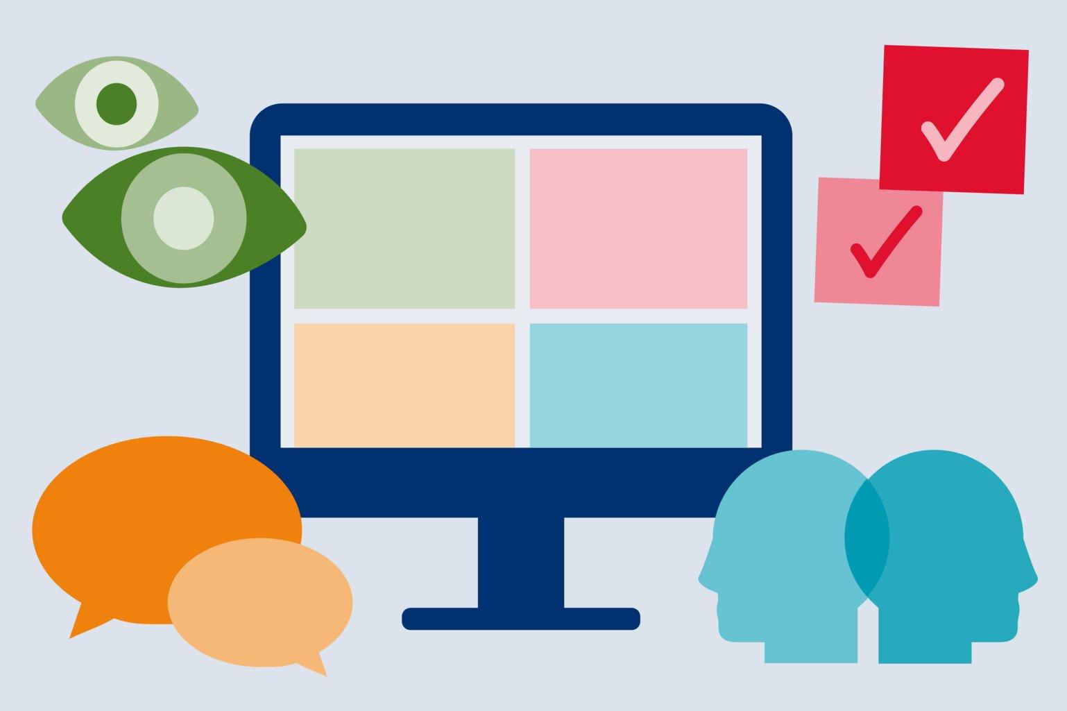 Abstract illustrations of speech bubbles, check marks, eyes and people surround a colourful desktop computer screen.
