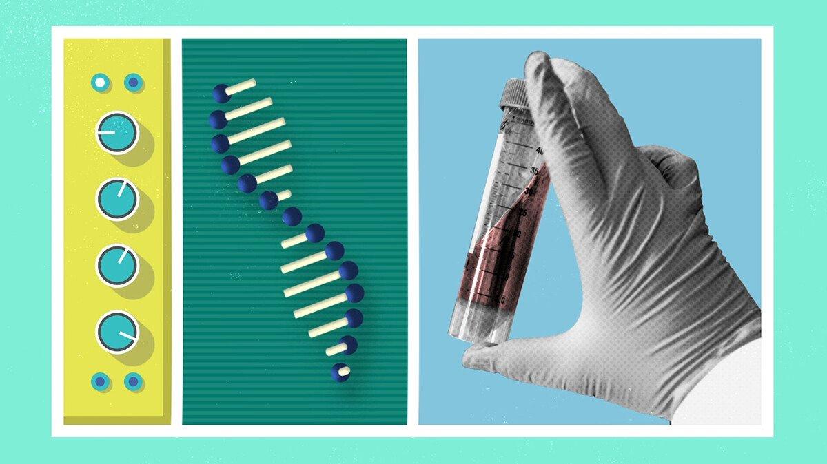 Hand holding a vaccine next to a sequence of messenger RNA genetic code