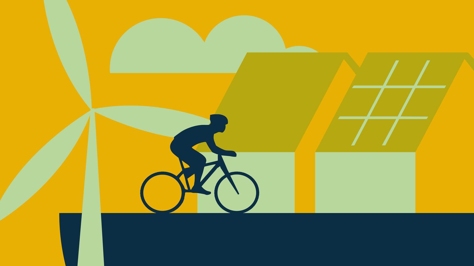 Illustration of climate mitigation examples, including a wind turbine, solar panels and a person cycling.