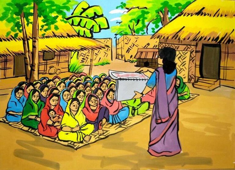 Illustration of a woman with a flipchart talking to a seated group in a village