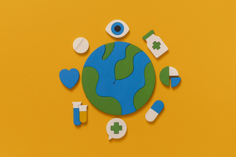 A cartoon earth on a yellow orange background. The earth is surrounded by various symbols relating to healthcare