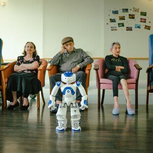 Zora the Robot Care-Giver helps people with communication and provides comfort and entertainment in a healthcare setting in France. 