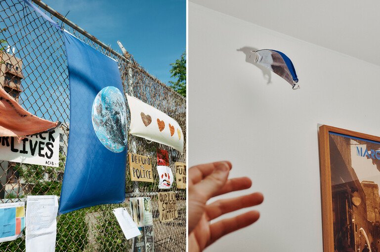 Two images showing Black Lives Matter posters at Sunset Park in Brooklyn, and a mask floating in the air