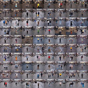 A grid of 100 portraits taken of masked pedestrians on London's Ridley Road.