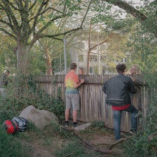 Two couples stand separated by a fence, erected by authorities to encourage social distancing.