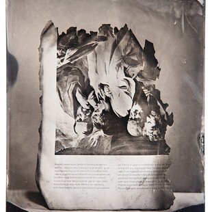 Tintype of a page of an art book burned in a wildfire in California.