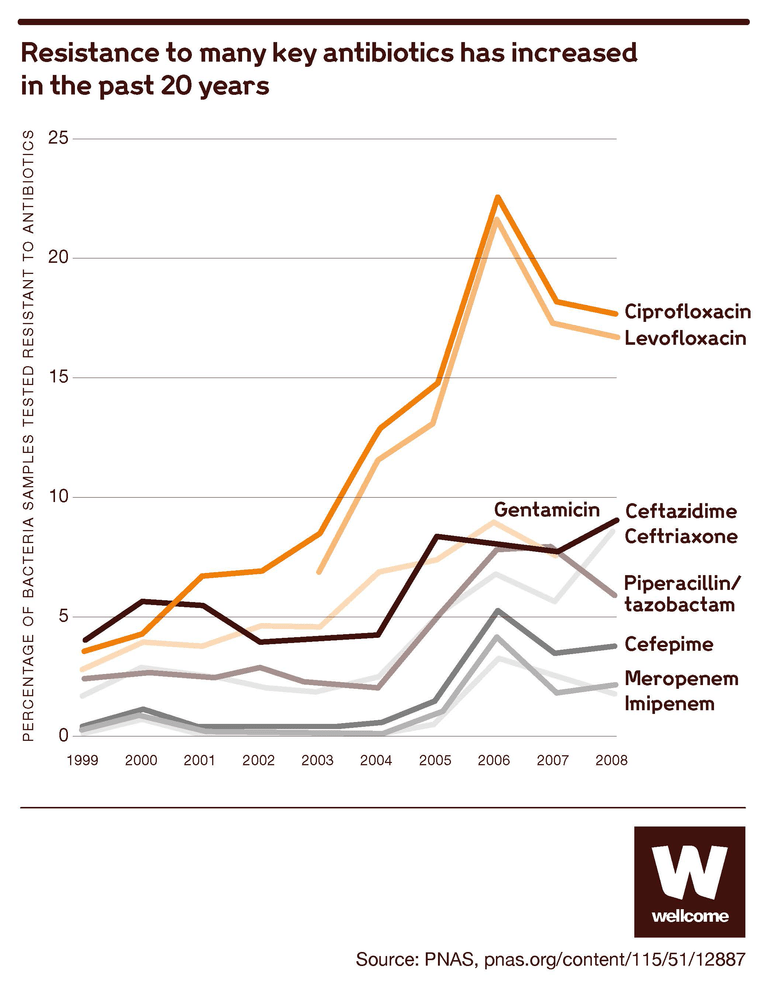 Graph showing how much resistance to key antibiotics has increased in the past 20 years.