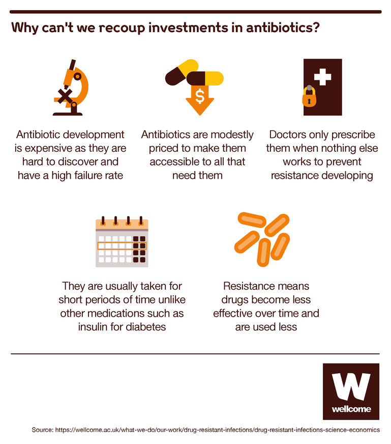 Visual showing why it's difficult to recoup investments in antibiotics.