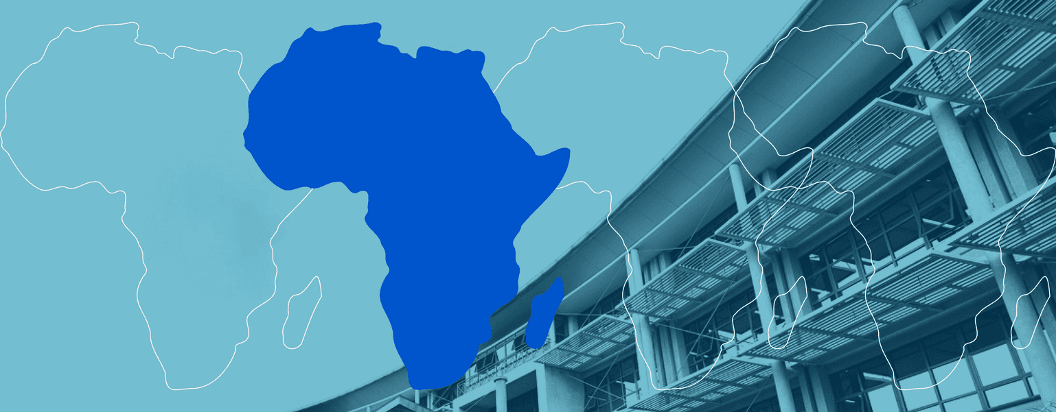 Exterior of the African Population & Health Research Centre overlaid with outline of Africa.