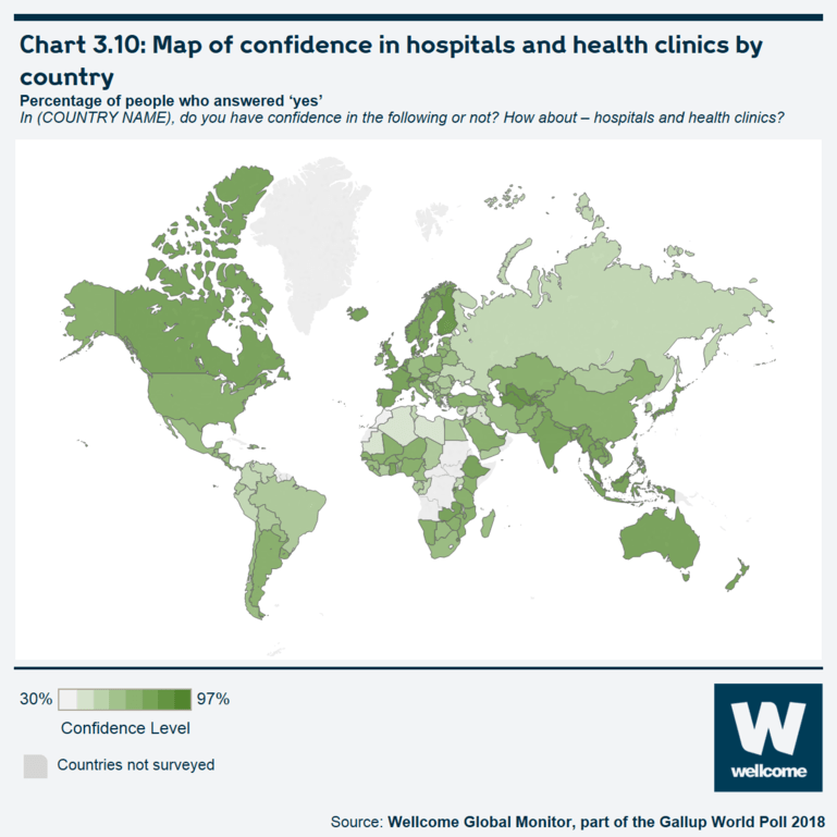 Chart 3.10 Map of confidence in hospitals and health clinics by country