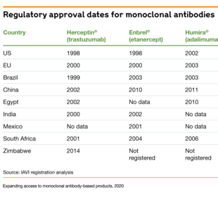 Chart showing the different regulatory approval dates for monoclonal antibodies