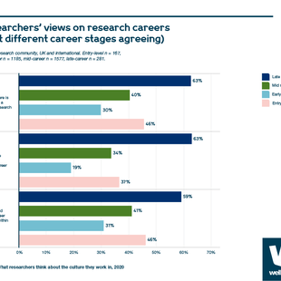 Chart showing researchers’ views on research careers (percentage at different career stages agreeing)