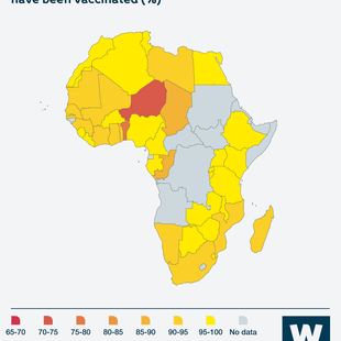 Map showing share of people in different Africa countries whose children have been vaccinated