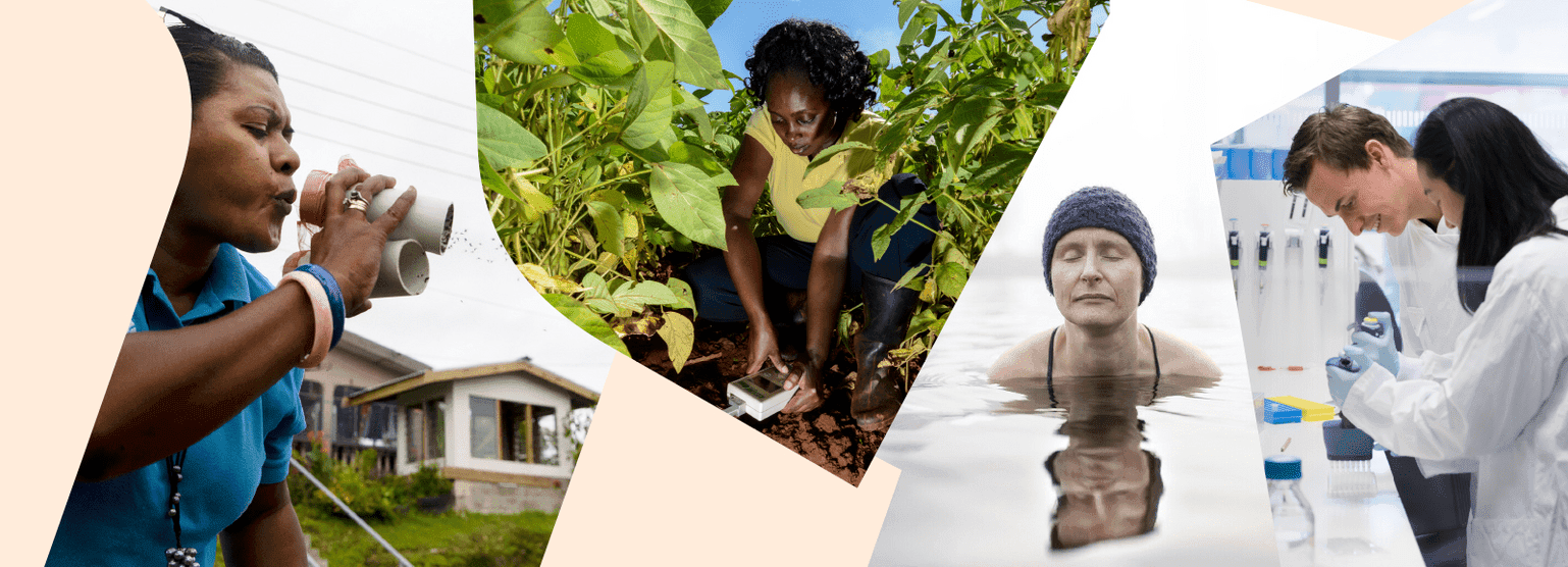 Image made up of four photographs. Left to right - woman blowing a tube, woman digging in soil, woman bathing in water, two scientists using a pipette.