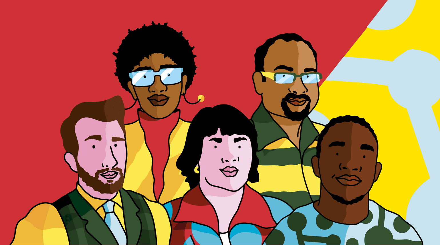 Illustration of Ben Britton, Karen Salt, Jane Thompson, Hetan Shah and De-Shaine Murray